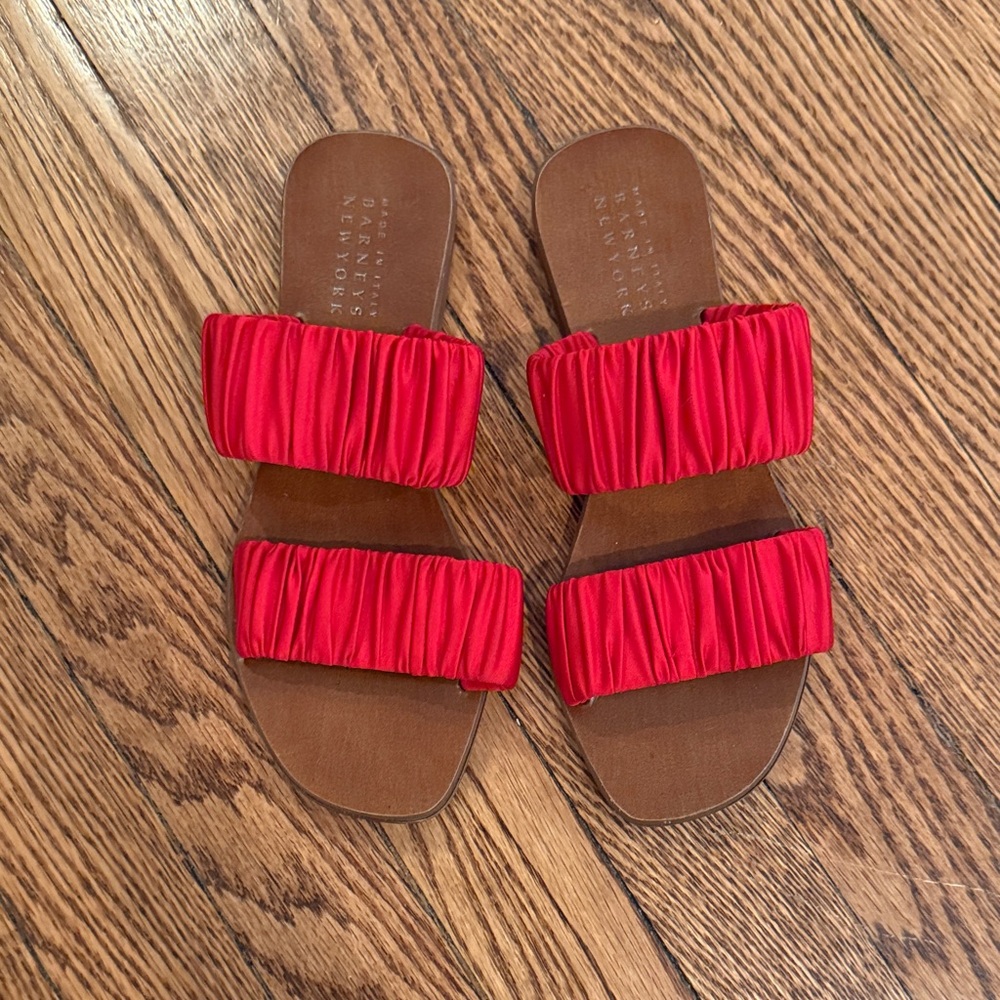 Barneys New York Red Ruched Satin Strap Flat Sandals
